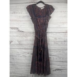 KOPAL Dress Women's Large Blue Paisley Flutter Sleeve Maxi Belted Boho Sundress